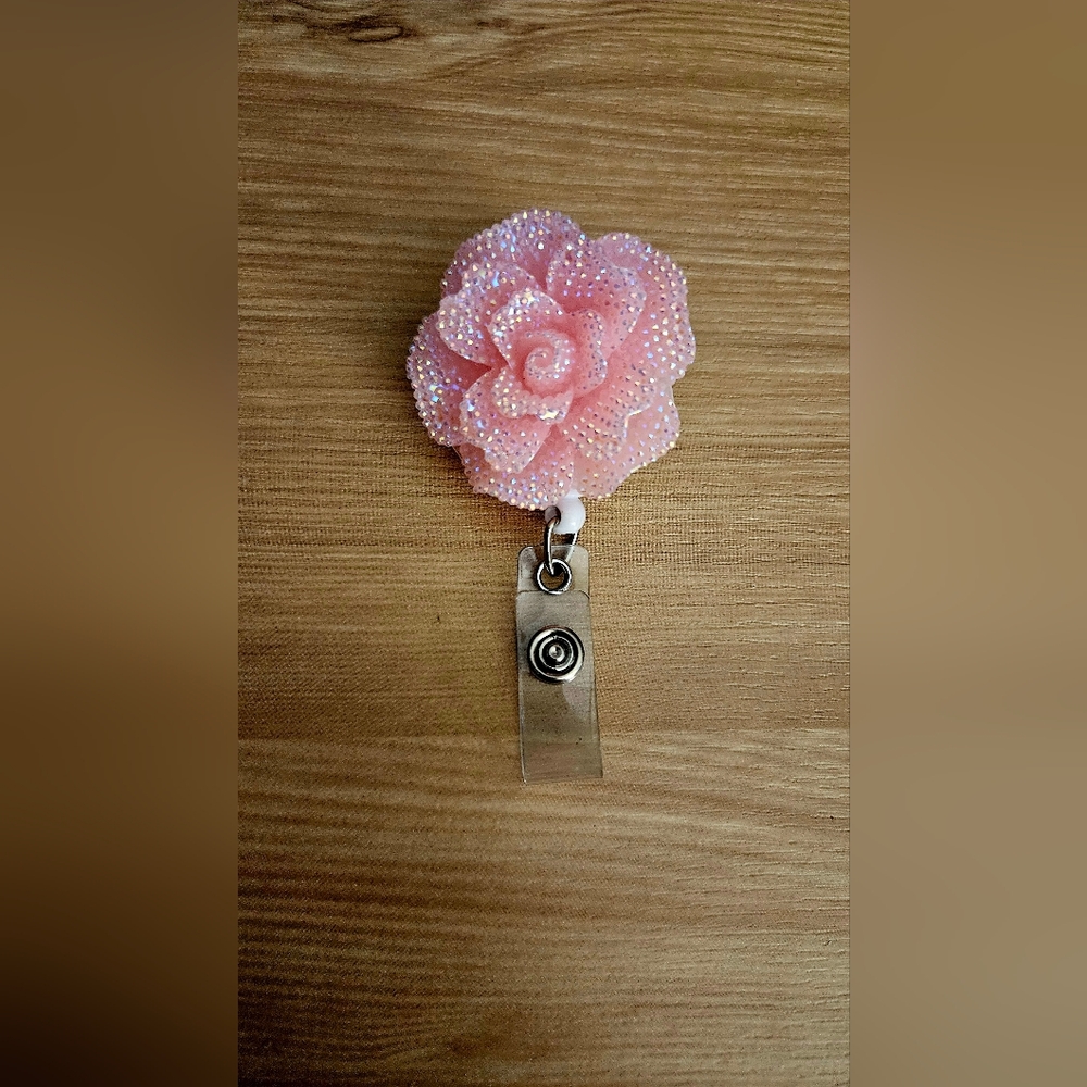 Pink Flower Alligator Clip Badge Holder